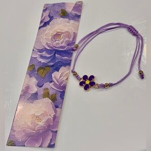 Purple Daisy Cord Bracelet with Gold Accents and Matching Daisy Print Bookmark